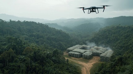 Fototapeta premium High Altitude Military Surveillance Drone Flying Over Remote Forested Area in Misty Environment