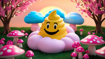 Obraz premium Whimsical 3D render of smiling cartoon poop emoji surrounded by colorful fluffy clouds, pink mushrooms, and twinkling fairy lights. 
