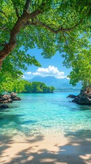 Serene tropical beach cove framed by lush foliage, under a vibrant sky