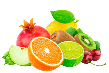 Colorful Fresh Fruits: Orange, Kiwi, Lime, Cherry, Pomegranate, Lemon, and More on Transparent Background | High-Quality Food Photography