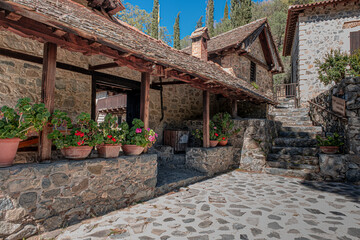 Kalopanayiotis village, with chapels, churches, monastery, Venetian bridge, cobbled streets, and trails, located on the slopes of Marathassa Valley,  Troodos Mountains, Nicosia District, Cyprus