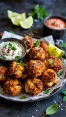 Fototapeta premium Golden cauliflower bites with sesame seeds served with red chili and herb sauces