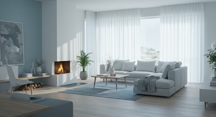 Fototapeta premium Living Room Interior with Fireplace and Modern Decor
