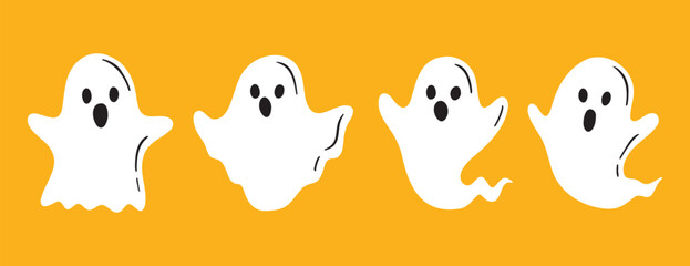 Simple cute halloween ghost set. Flat ghost hand drawn phantom poster, invitation, cover on an orange background