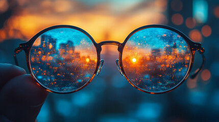 Sunset cityscape reflected in round glasses held by a hand.