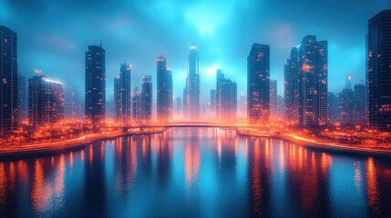 Fototapeta premium Cityscape skyline reflection vibrant lights night urban