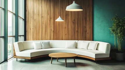 Curved sofa sits in modern room with wood accent wall. Light and airy interior