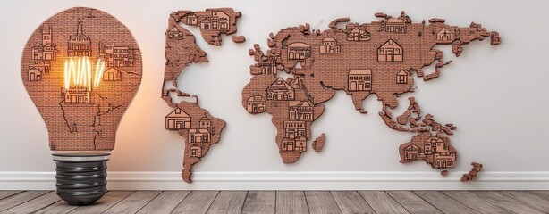 Minimalist World Map Design with Light Bulb Featuring House Illustrations on Wall for British Science Week Promotion