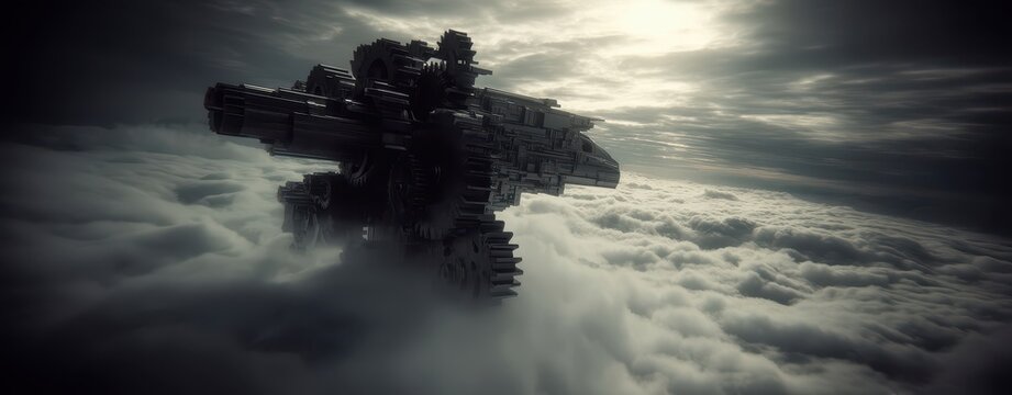 Futuristic British Science Fiction Vessel Surrounded by Ethereal Cloudscape in Unique Double Exposure Technique