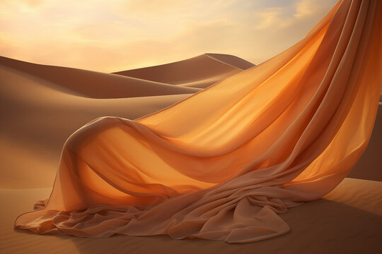 A flowing piece of silk fabric gracefully soaring above golden desert dunes, caught in the warm desert breeze