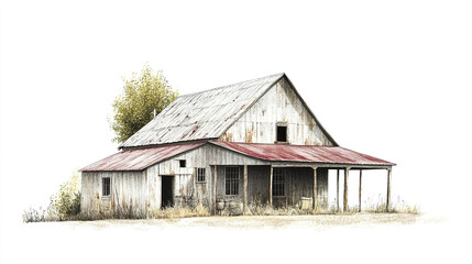 Obraz premium rustic farmhouse with weathered exterior, surrounded by tall grass and trees, evokes nostalgia