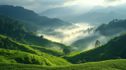 Fototapeta premium Misty Sunrise over Lush Terraced Rice Paddies