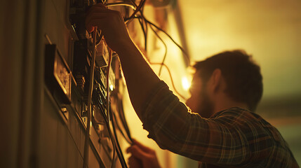 Electrician Working on a Wall Panel with Wires