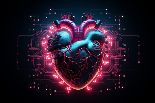 A futuristic heart composed of glowing neon circuits and pulsating data streams