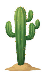 Cartoon Green Cactus with Spines on Sand - Transparent Background