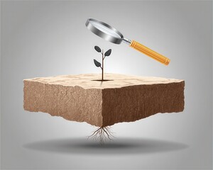 Study of Plant Growth with Magnifying Glass on Floating Soil Layer Illustrating Scientific Research Concept