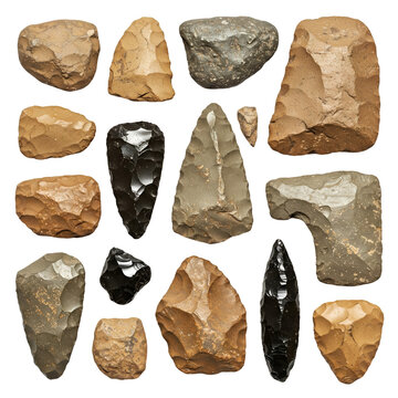 Set of prehistoric stone tools isolated on a transparent background 