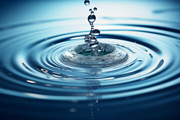 A hyper-realistic macro shot of a single water drop in a calm pool of water