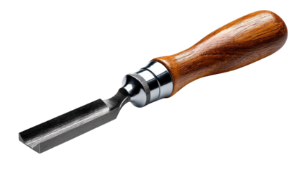 Chisel, the art of precision: The tool, an embodiment of craftsmanship, sits poised, ready to shape wood with surgical precision, highlighting its robust steel blade, against a background.