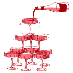 champagne tower, hand drawn red wine glass  Wedding, Celebration, Congratulations, Card, Invitation, event Line Art, Outline, On Transparent Background © 7nov.studio