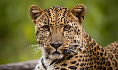 Close-up of a leopard resting on a log in a natural environment