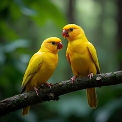 Fototapeta premium Three Bright Yellow Birds Sitting Together on a Forest Branch
