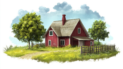 Obraz premium charming red farmhouse surrounded by lush greenery and rustic fence, evoking peaceful rural