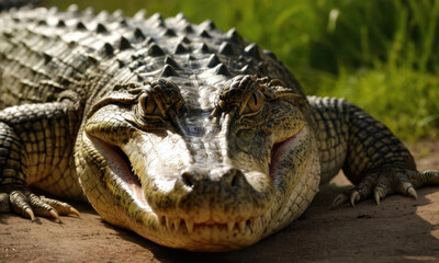 Obraz premium Close-up shot of an alligator resting on the ground, surrounded by dirt and natural surroundings