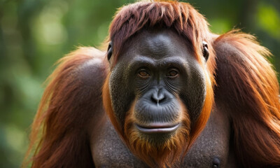 Close-up of an orangutan's face looking directly at the camera