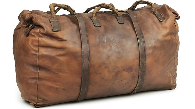 Distressed brown leather duffel bag with rope handles and straps