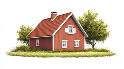 Obraz premium charming red farmhouse surrounded by lush greenery and tall grass, evoking peaceful rural