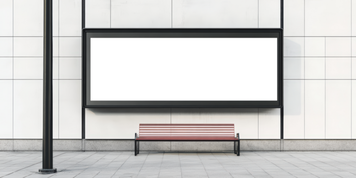 Empty advertisement space beside a bench on a modern urban street