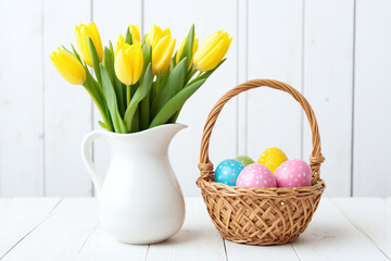 Obraz premium basket filled with colorful easter eggs next to a vase of yellow tulips