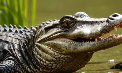 Obraz premium A close-up shot of an alligator in the water, with its eyes and snout visible