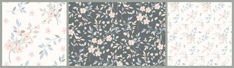 Seamless floral pattern, delicate botanical design of simple hand drawn flowers twigs. Romantic ditsy print collection: small flowers, thin branches, tiny leaves in pastel colors. Vector illustration. © Yulya i Kot