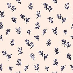 Seamless floral pattern, liberty ditsy print of simple hand drawn plants. Cute botanical design, minimal abstract pattern of small flowers, tiny leaves. Fashion print. Vector illustration.