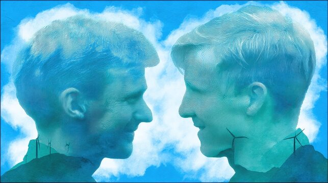 Artistic Double Exposure of Two Faces Against a Vibrant Blue Sky with Wind Turbines and Soft Clouds