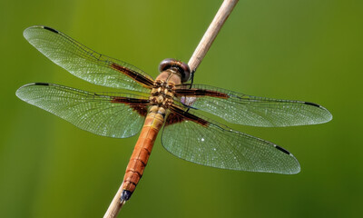 Close-up shot of a dragonfly perched on a twig, showcasing its delicate features and colors