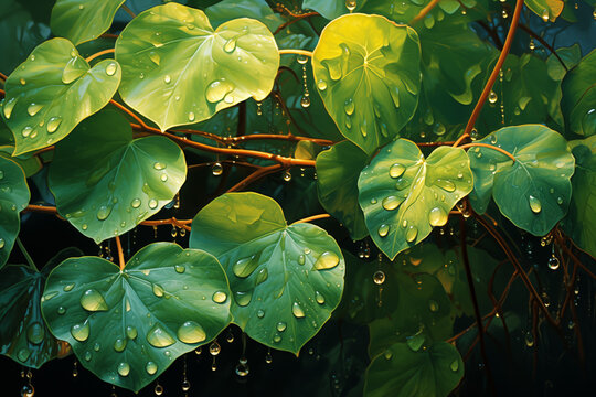 A nature-inspired illustration showcasing golden morning dew resting on vibrant green leaves