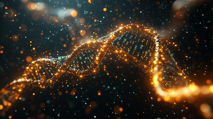 Naklejka premium Abstract representation of DNA helix, with glowing particles and bokeh effects.