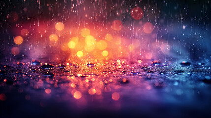 Colorful rain drops on wet pavement at night with bokeh lights.