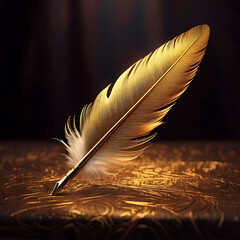 Elegant feather quill writing on luxurious gold surface in warm ambient light artistic perspective