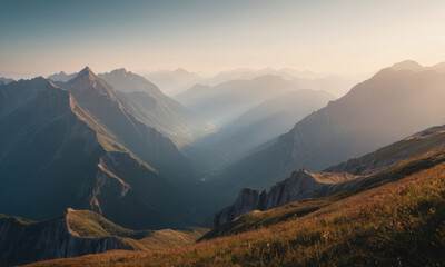 Mountain landscape with a valley in the foreground, suitable for use in outdoor and nature-themed projects