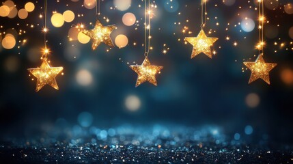 Golden stars, twinkling lights, dark background