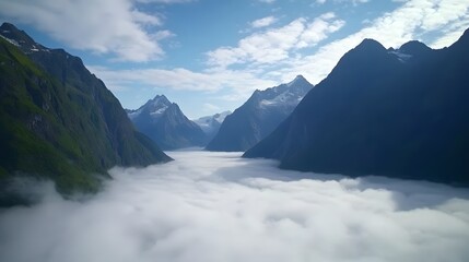 Majestic Mountain Valley shrouded in Morning Mist A breathtaking aerial view of a valley nestled between towering peaks
