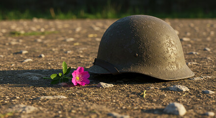 War, conflict, standoff, tension a worn military helmet resting on gravel ground with a single pink flower beside it in a somber setting