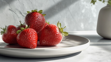 Fresh strawberries on white ceramic plate in natural light
