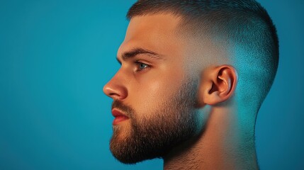 Fototapeta premium Side-view portrait of a young man with short hair and a trimmed beard against blue.