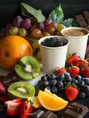 Fruits and other ingredients, such as strawberries, blueberries, kiwi, grapes, orange slices, caramel pieces, and chocolate chunks