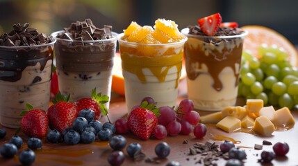 Fruits and other ingredients, such as strawberries, blueberries, kiwi, grapes, orange slices, caramel pieces, and chocolate chunks
